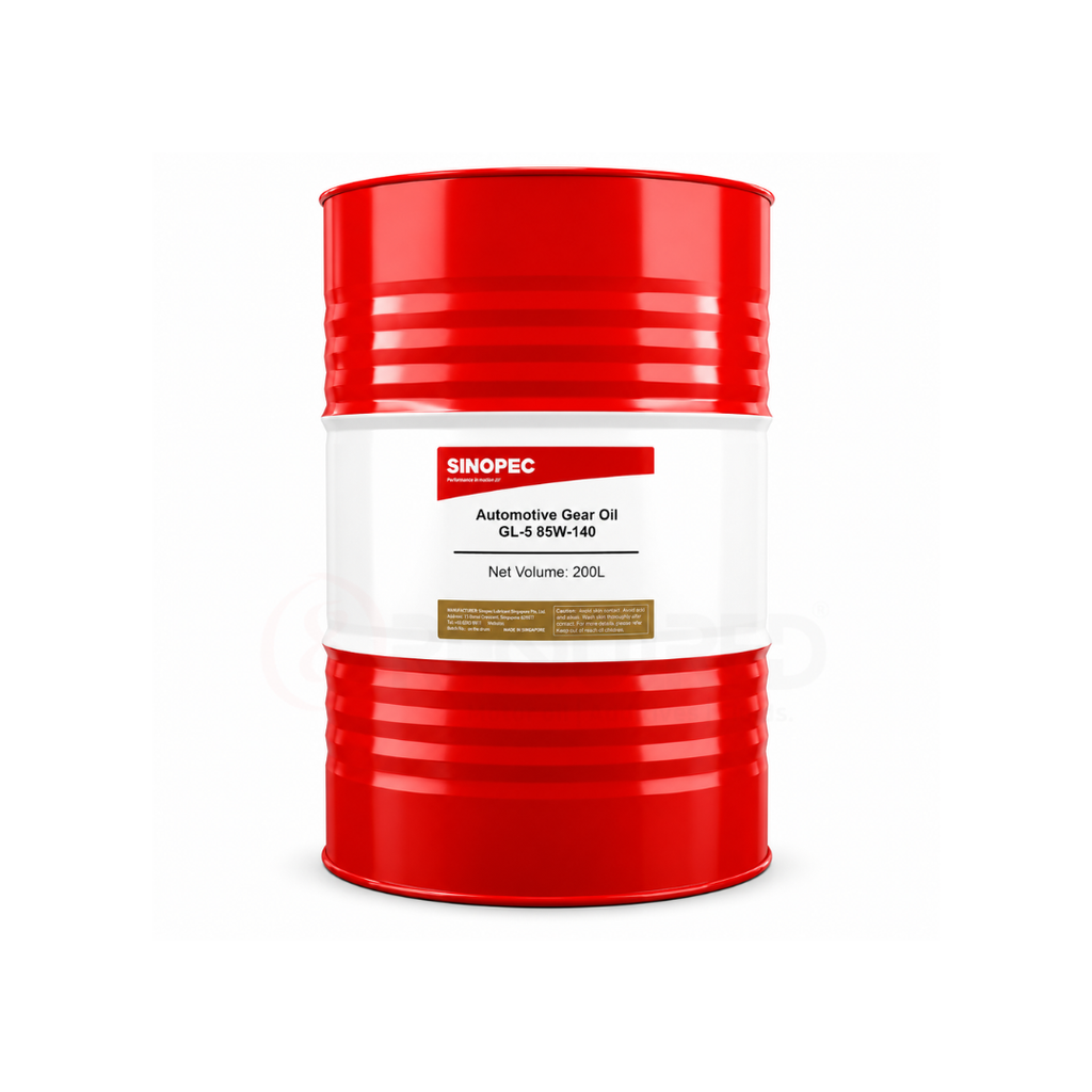 Red and white Sinopec automotive gear oil drum on a white background